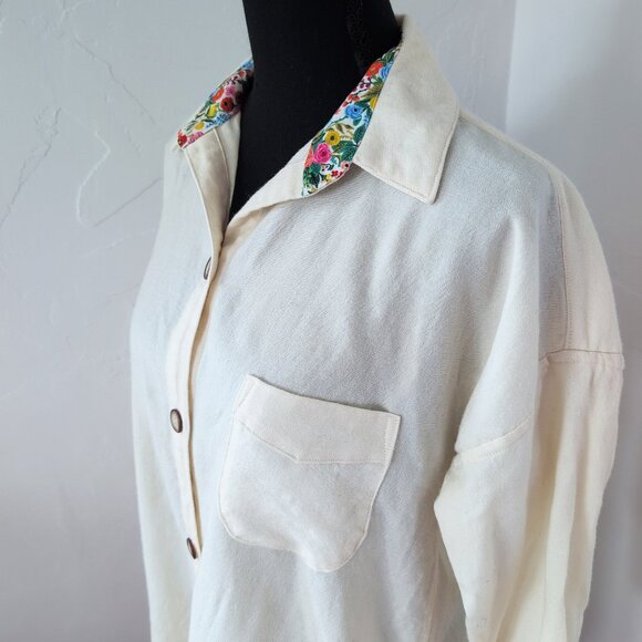 Rifle Paper Company Floral Trim Wool Blend Long-Line Button Up Tunic Off White - Picture 1 of 16